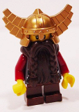 LEGO cas356 Fantasy Era - Dwarf, Dark Brown Beard, Metallic Gold Helmet with Wings, Dark Red Arms, Smirk and Stubble Beard