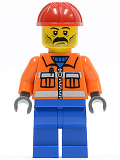 LEGO cty0016 Construction Worker - Orange Zipper, Safety Stripes, Orange Arms, Blue Legs, Red Construction Helmet, Stubble